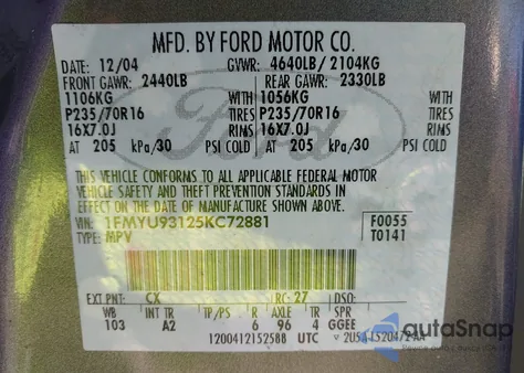 2005 Ford Escape Xlt z USA, uszkodzony, nr VIN 1FMYU93125KC72881